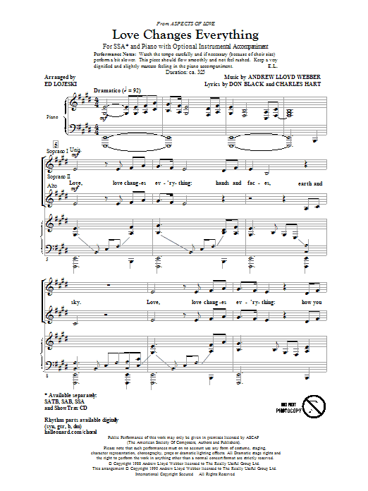 Andrew Lloyd Webber Love Changes Everything (from Aspects Of Love) (arr. Ed Lojeski) sheet music notes and chords. Download Printable PDF.