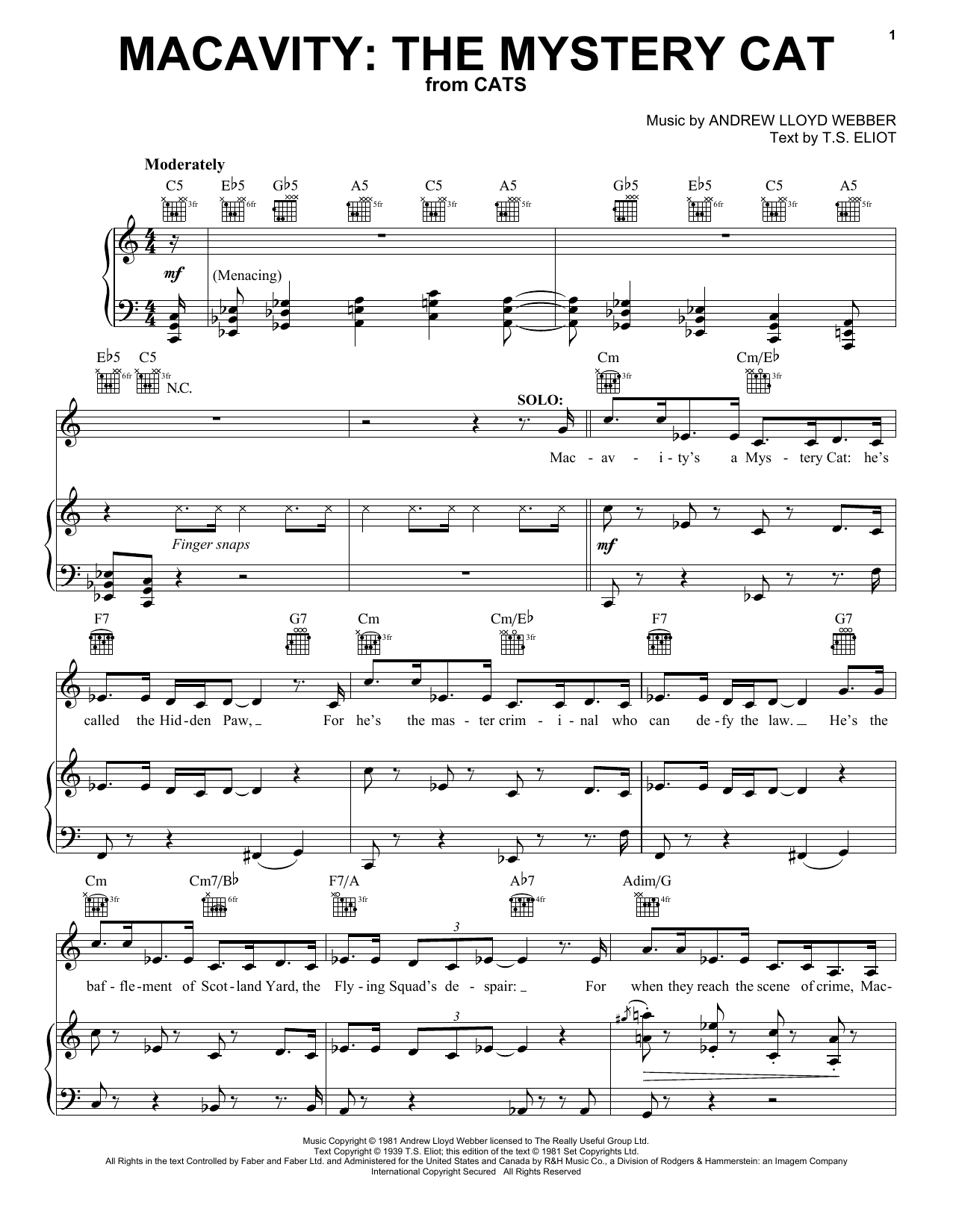 Andrew Lloyd Webber Macavity: The Mystery Cat (from Cats) sheet music notes and chords. Download Printable PDF.