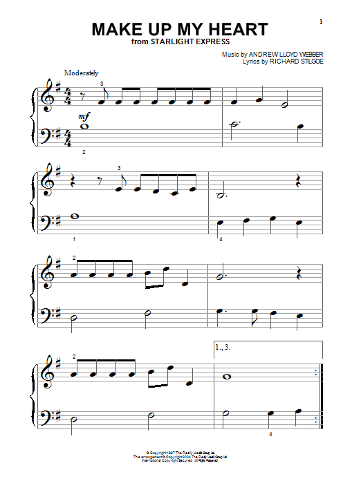 Learn to play Andrew Lloyd Webber Make Up My Heart (from Starlight Express) sheet music for Beginning Piano Solo in minutes. Price: 6.9900$ Andrew Lloyd Webber Make Up My Heart (from Starlight Express) sheet music notes and chords arranged for Beginning Piano Solo