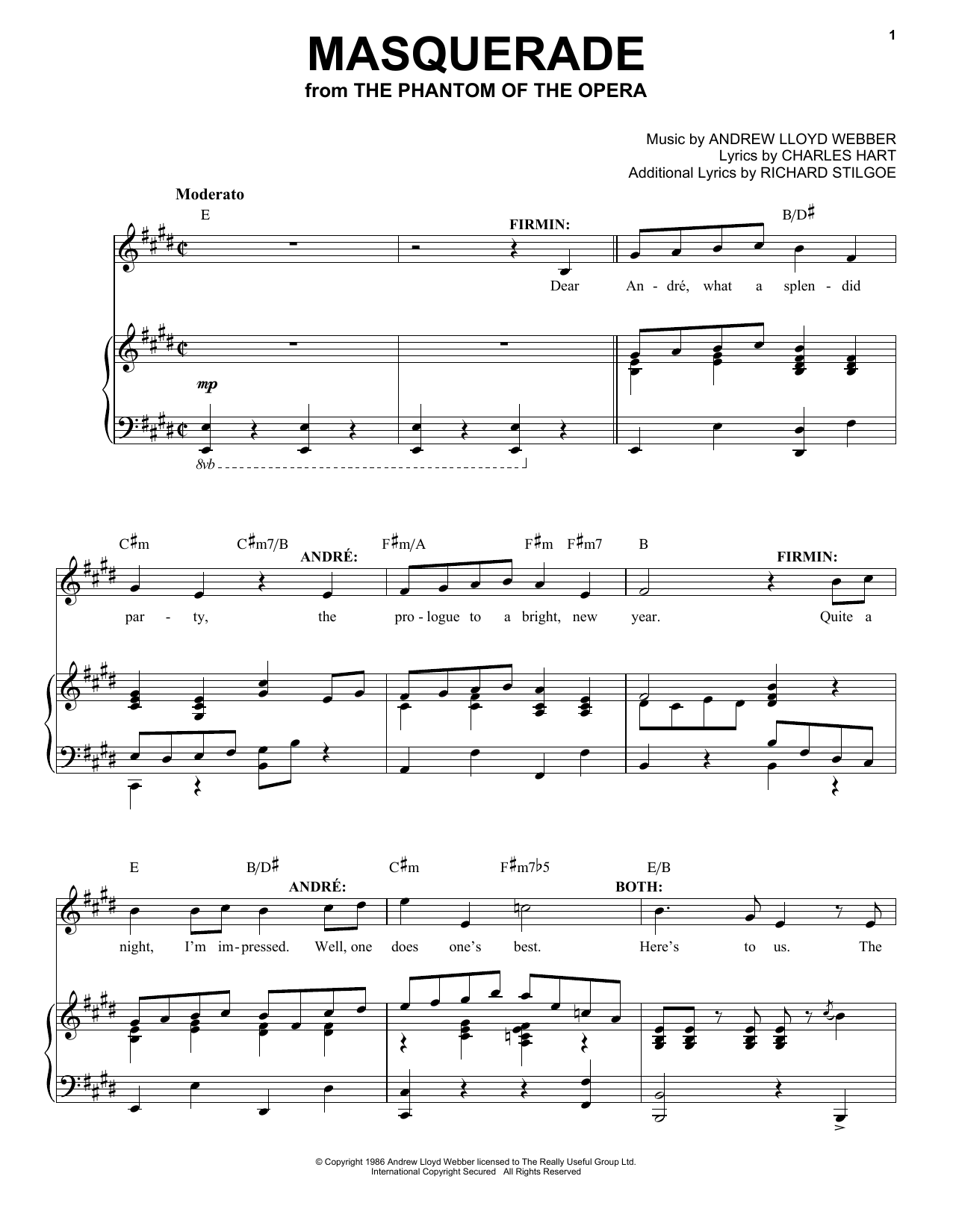 Andrew Lloyd Webber Masquerade (from The Phantom Of The Opera) sheet music notes and chords. Download Printable PDF.