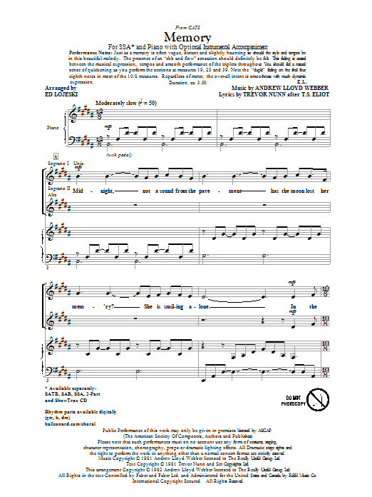 Andrew Lloyd Webber Memory (from Cats) (arr. Ed Lojeski) sheet music notes and chords. Download Printable PDF.