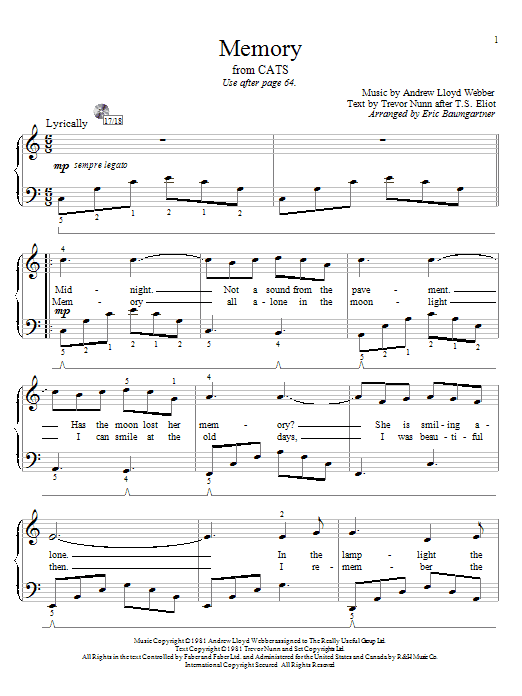 Learn to play Andrew Lloyd Webber Memory (from Cats) (arr. Eric Baumgartner) sheet music for Educational Piano in minutes. Price: 6.9900$ Andrew Lloyd Webber Memory (from Cats) (arr. Eric Baumgartner) sheet music notes and chords arranged for Educational Piano