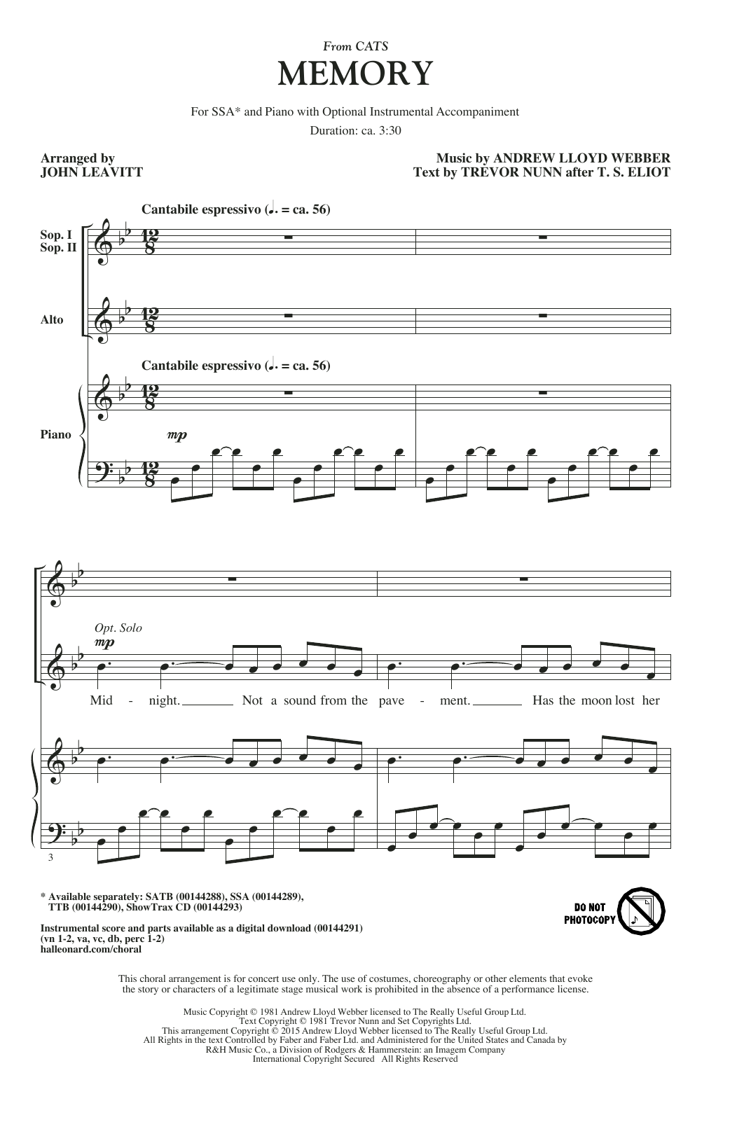 Andrew Lloyd Webber Memory (from Cats) (arr. John Leavitt) sheet music notes and chords. Download Printable PDF.