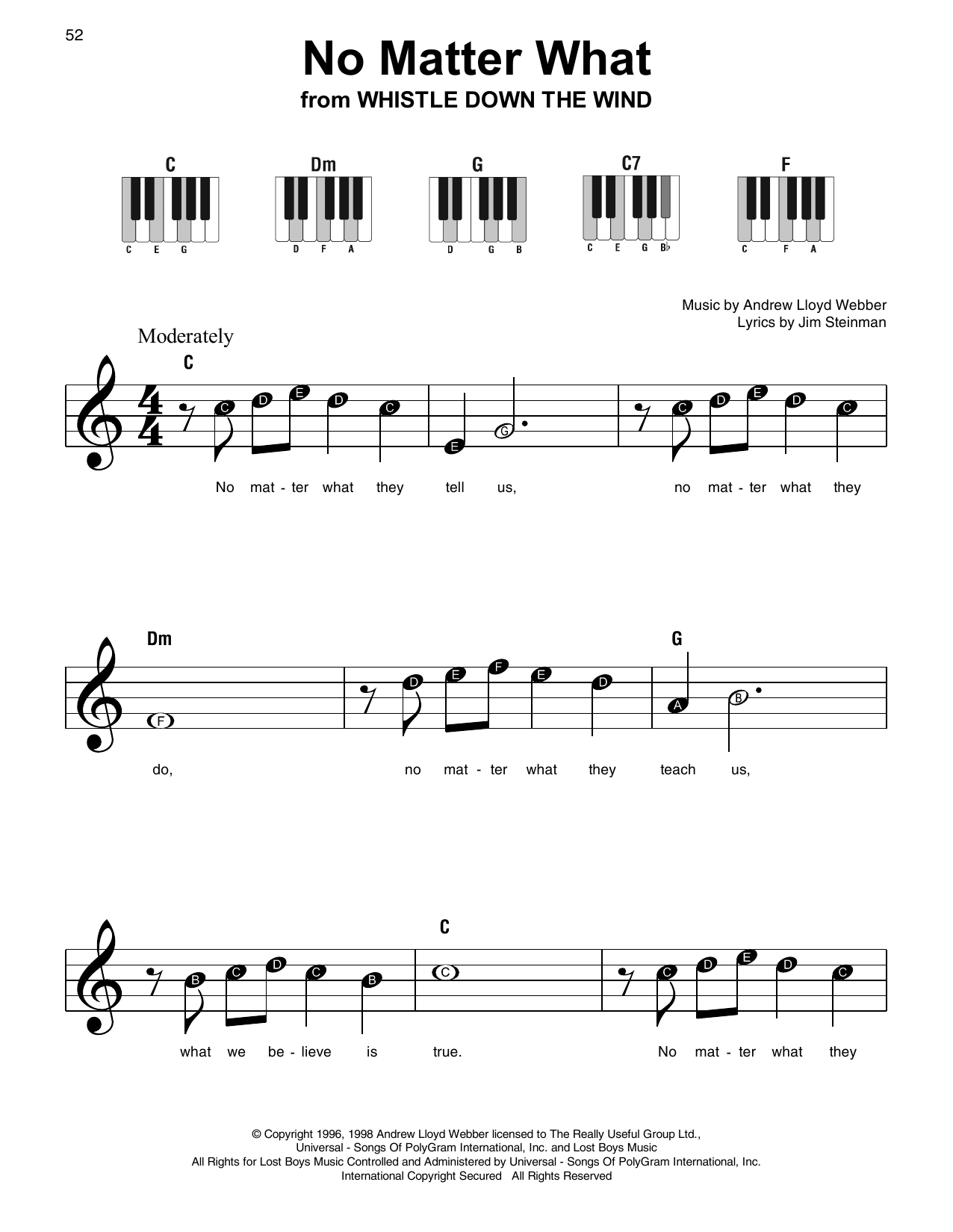 Andrew Lloyd Webber No Matter What (from Whistle Down The Wind) sheet music notes and chords arranged for Piano & Vocal