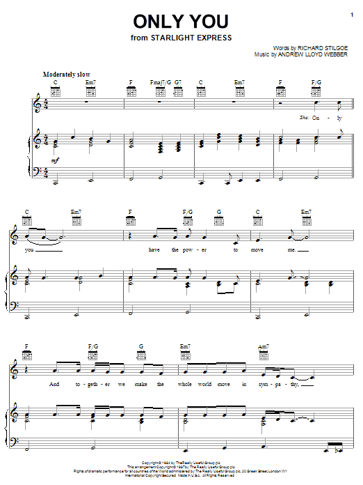 Andrew Lloyd Webber Only You (from Starlight Express) sheet music notes and chords. Download Printable PDF.