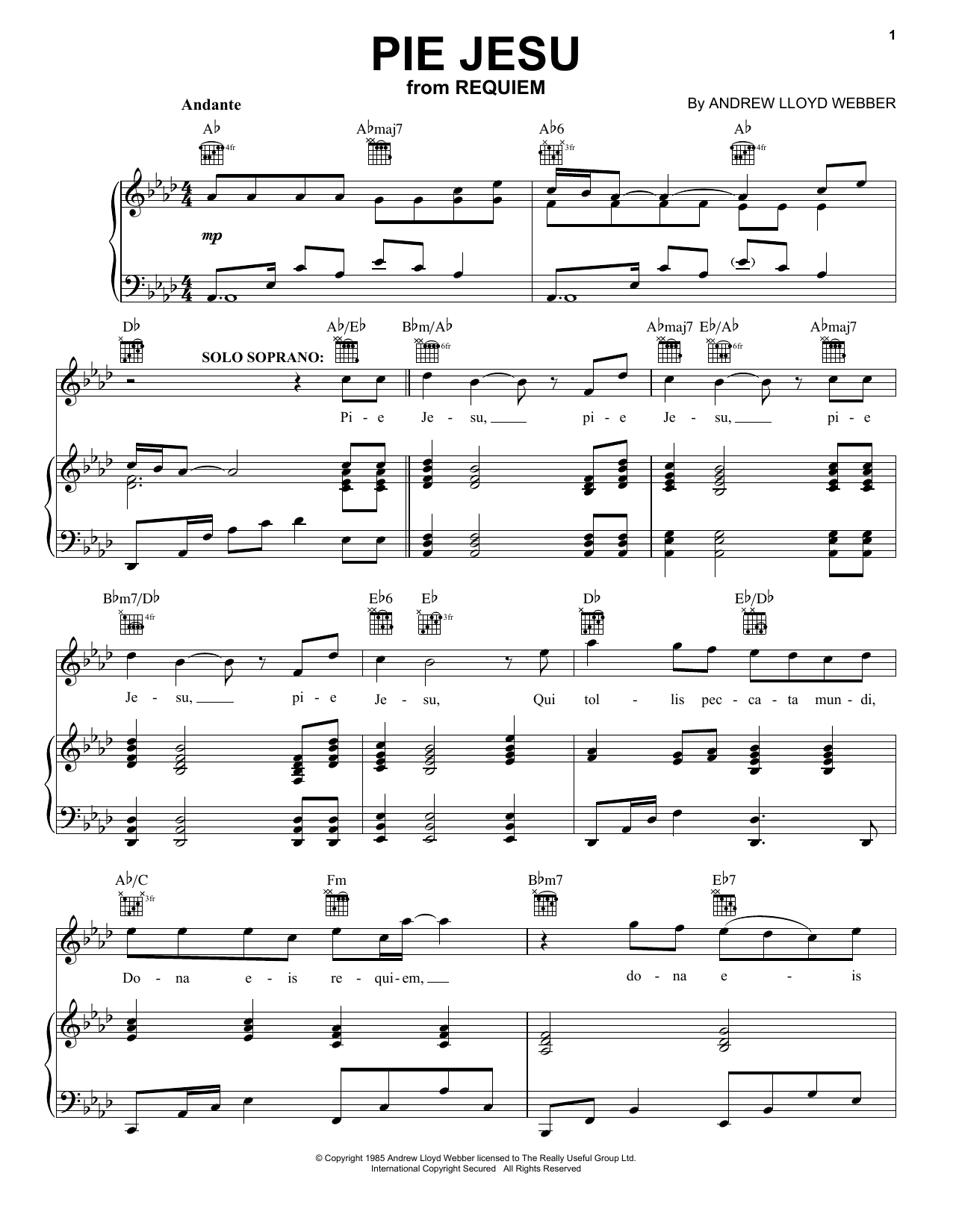 Andrew Lloyd Webber Pie Jesu sheet music notes and chords. Download Printable PDF.