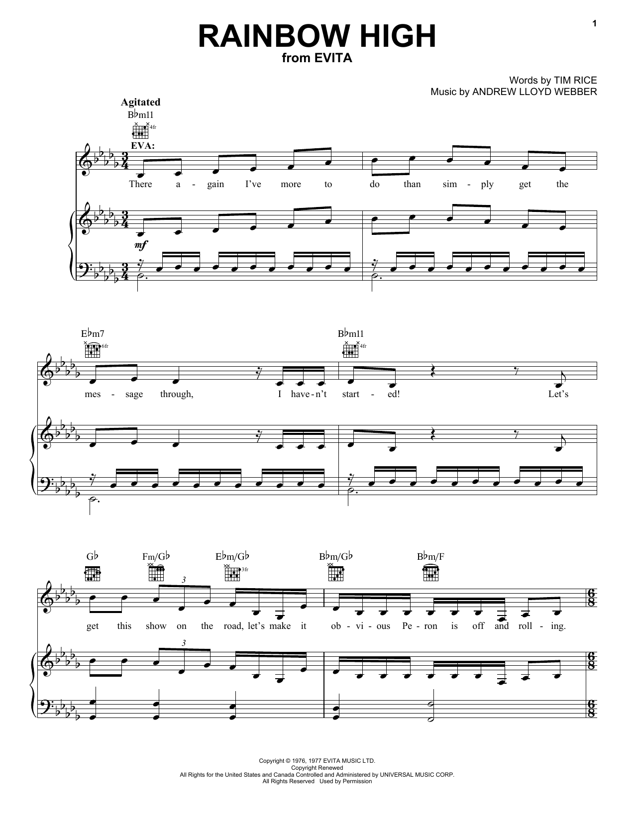 Andrew Lloyd Webber Rainbow High (from Evita) sheet music notes and chords. Download Printable PDF.