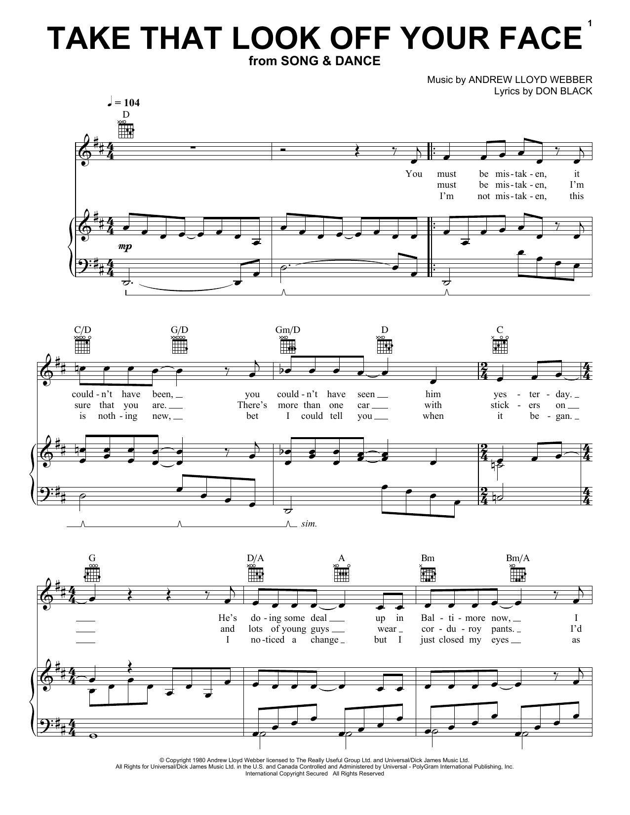 Andrew Lloyd Webber Take That Look Off Your Face (from Tell Me on a Sunday) sheet music notes and chords. Download Printable PDF.