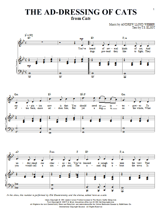 Andrew Lloyd Webber The Ad-Dressing Of Cats (from Cats) sheet music notes and chords. Download Printable PDF.