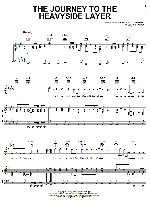 Learn to play Andrew Lloyd Webber The Journey To The Heavyside Layer (from Cats) sheet music for Piano, Vocal & Guitar Chords (Right-Hand Melody) in minutes. Price: 7.8900$ Andrew Lloyd Webber The Journey To The Heavyside Layer (from Cats) sheet music notes and chords arranged for Piano, Vocal & Guitar Chords (Right-Hand Melody)