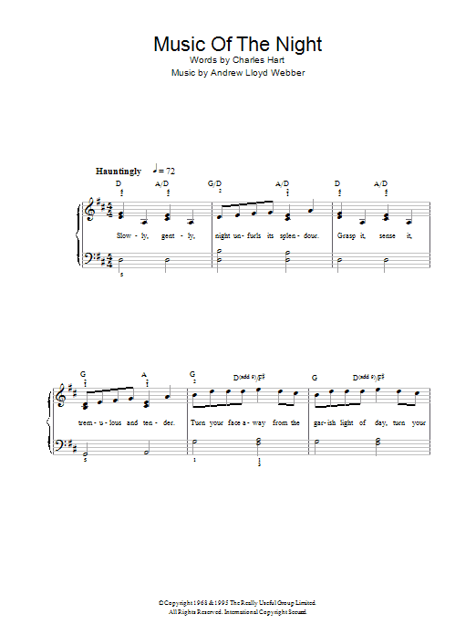 Learn to play Andrew Lloyd Webber The Music Of The Night (from The Phantom Of The Opera) (Verse Only) sheet music for Easy Piano in minutes. Price: 6.9900$ Andrew Lloyd Webber The Music Of The Night (from The Phantom Of The Opera) (Verse Only) sheet music notes and chords arranged for Easy Piano