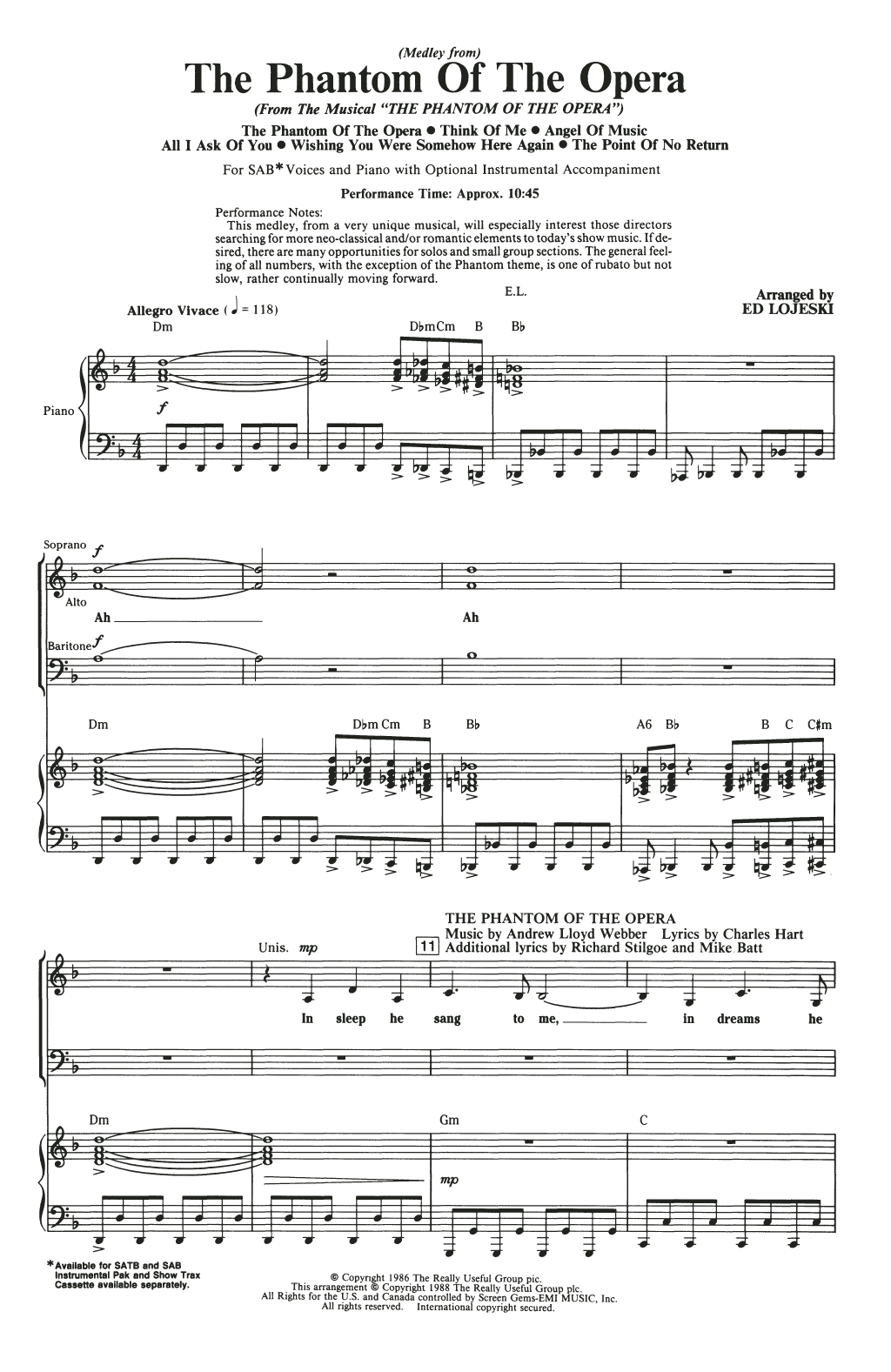 Andrew Lloyd Webber The Phantom Of The Opera (Medley) (arr. Ed Lojeski) sheet music notes and chords. Download Printable PDF.