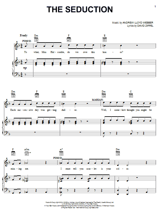 Learn to play Andrew Lloyd Webber The Seduction (from The Woman In White) sheet music for Piano, Vocal & Guitar Chords (Right-Hand Melody) in minutes. Price: 7.8900$ Andrew Lloyd Webber The Seduction (from The Woman In White) sheet music notes and chords arranged for Piano, Vocal & Guitar Chords (Right-Hand Melody)
