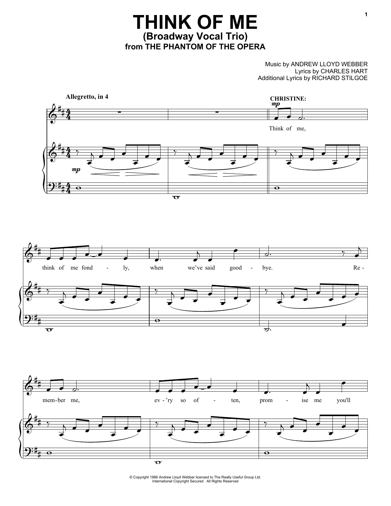 Andrew Lloyd Webber Think Of Me (from Phantom Of The Opera) (Trio) sheet music notes and chords. Download Printable PDF.