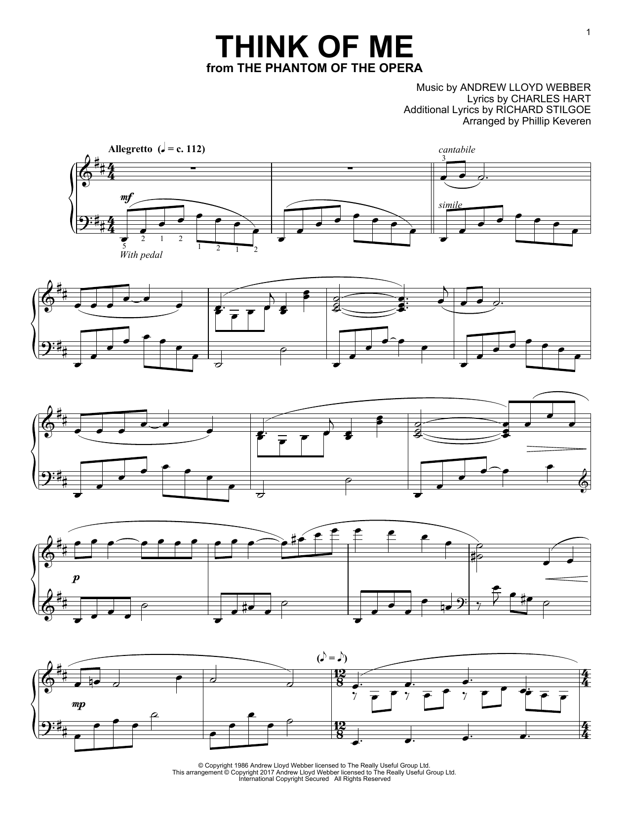 Phillip Keveren Think Of Me (from The Phantom Of The Opera) sheet music notes and chords. Download Printable PDF.