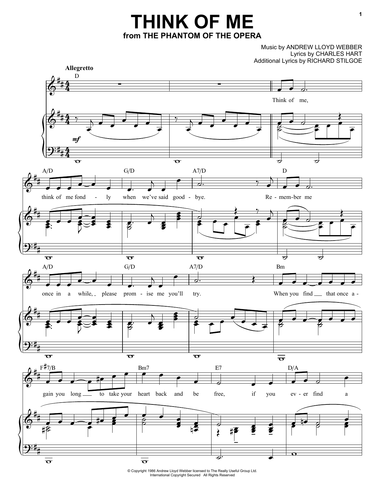 Andrew Lloyd Webber Think Of Me (from The Phantom Of The Opera) sheet music notes and chords. Download Printable PDF.