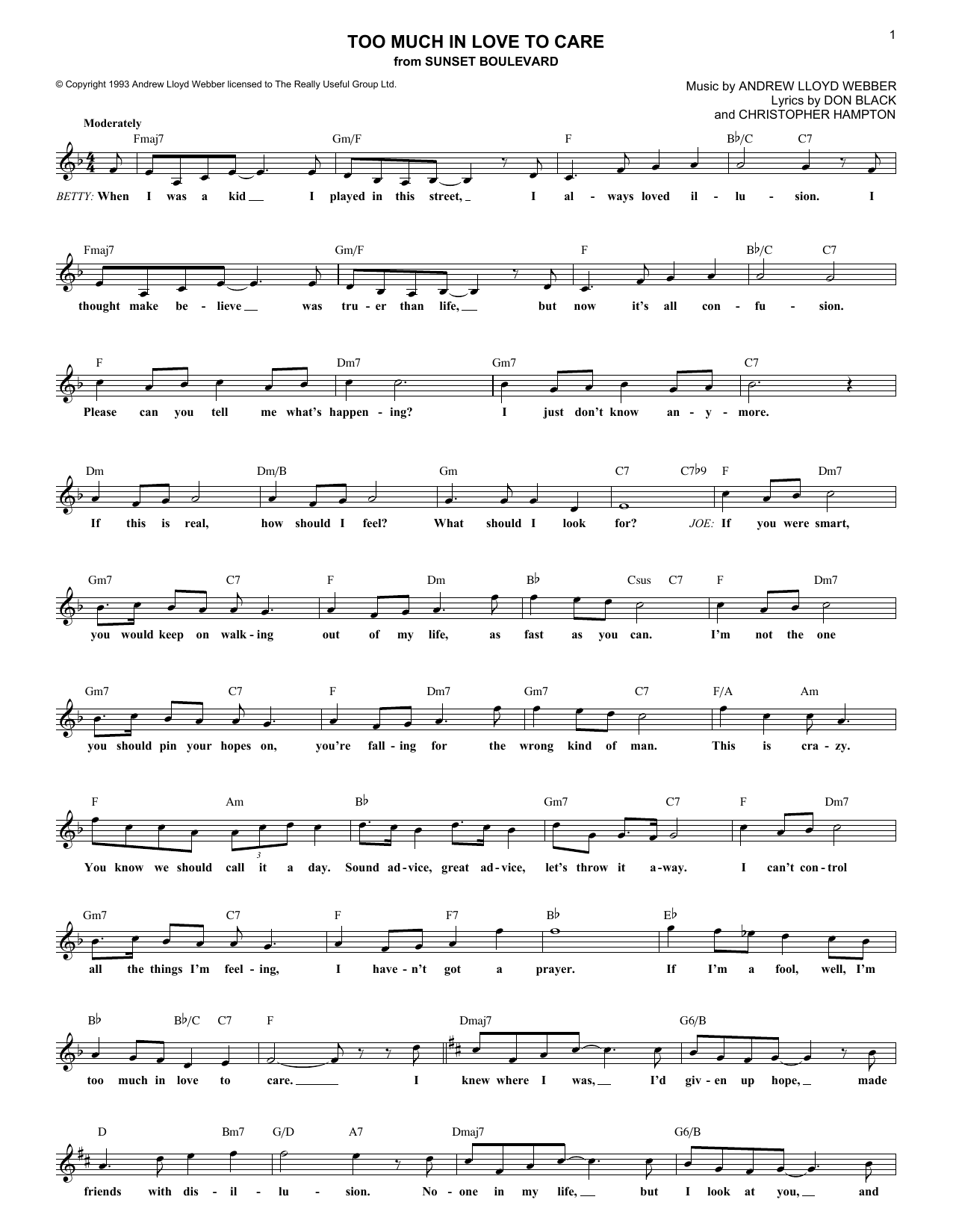 Andrew Lloyd Webber Too Much In Love To Care sheet music notes and chords. Download Printable PDF.