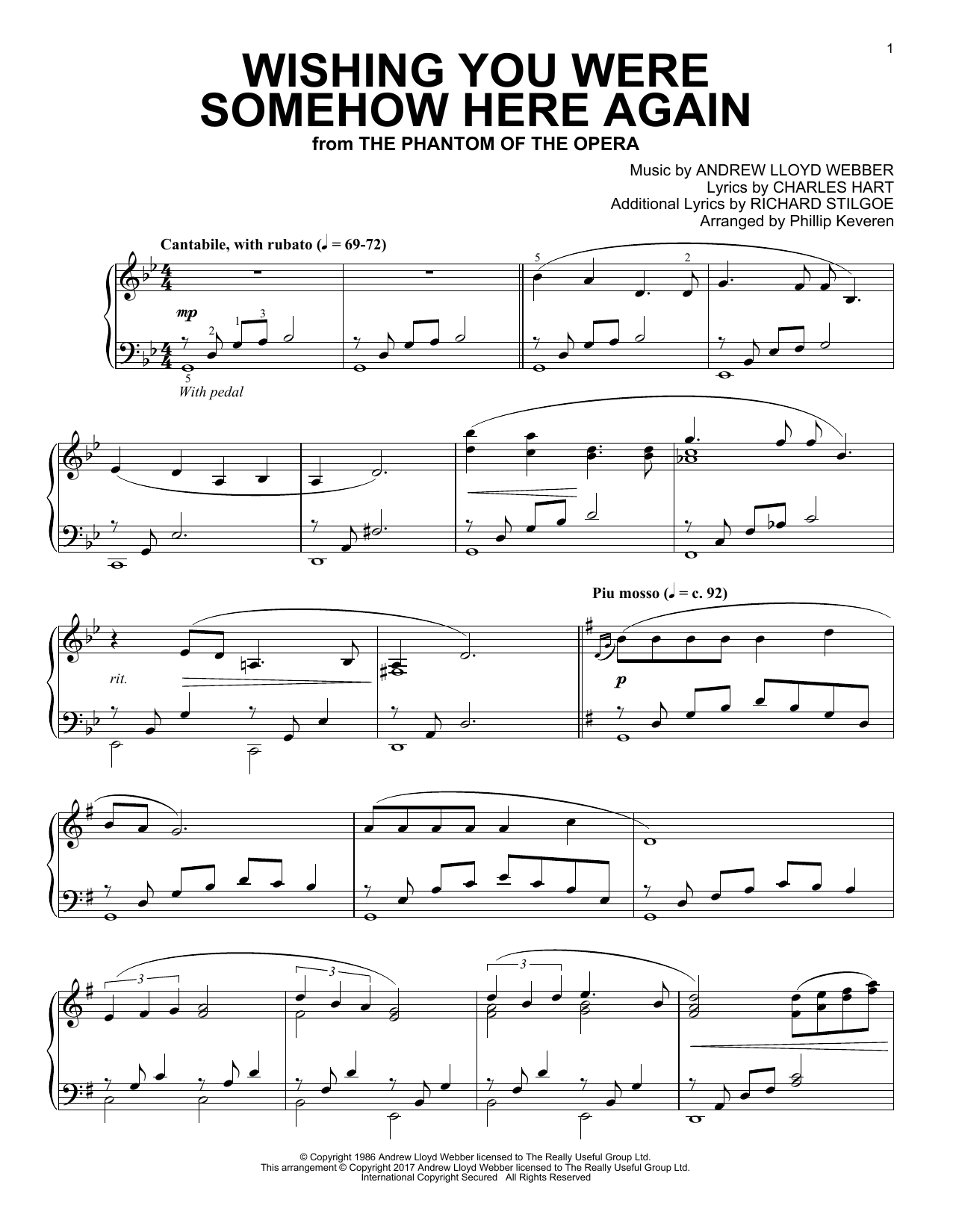 Phillip Keveren Wishing You Were Somehow Here Again (from The Phantom Of The Opera) sheet music notes and chords. Download Printable PDF.