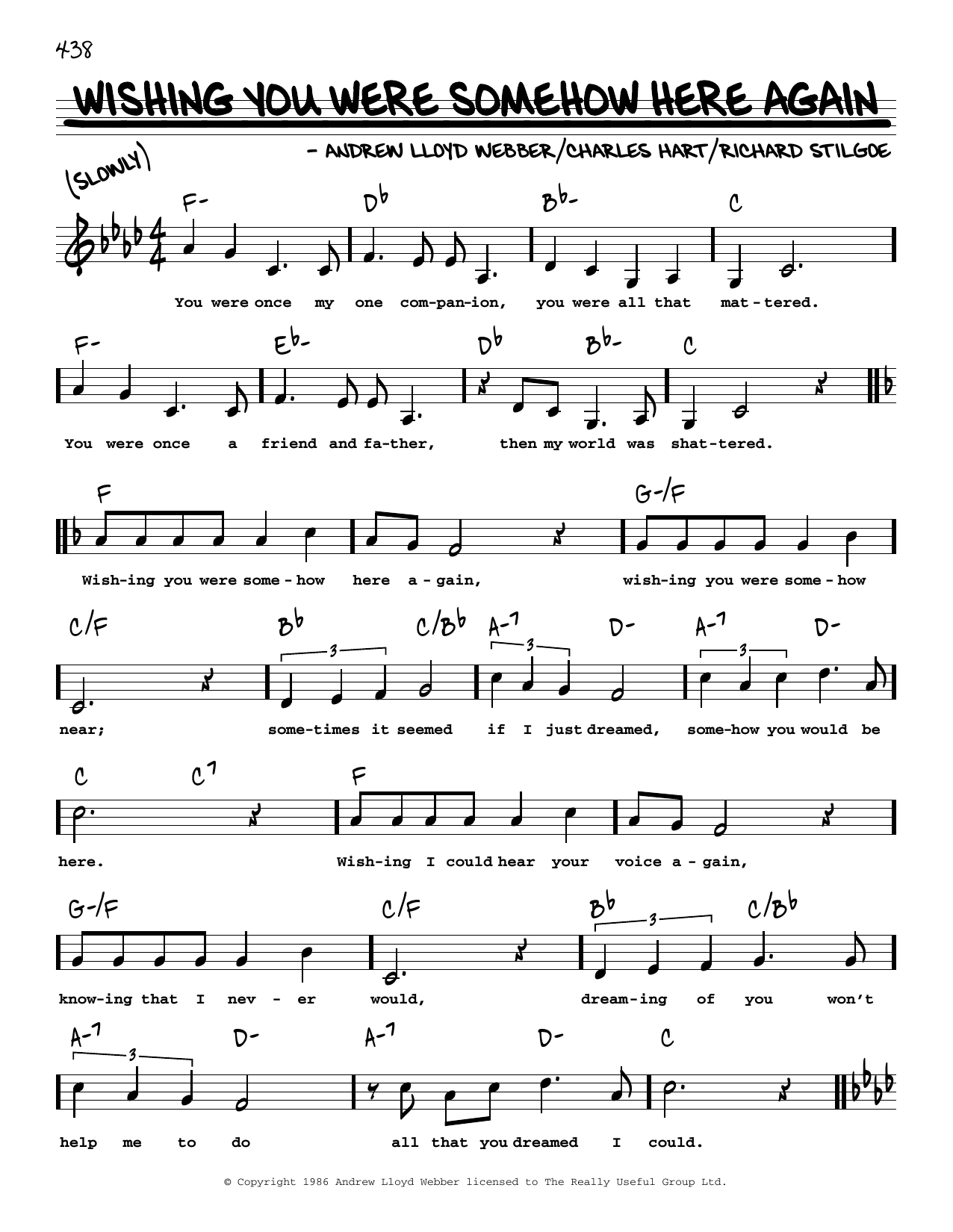 Andrew Lloyd Webber Wishing You Were Somehow Here Again (Low Voice) (from The Phantom Of The Opera) sheet music notes and chords. Download Printable PDF.