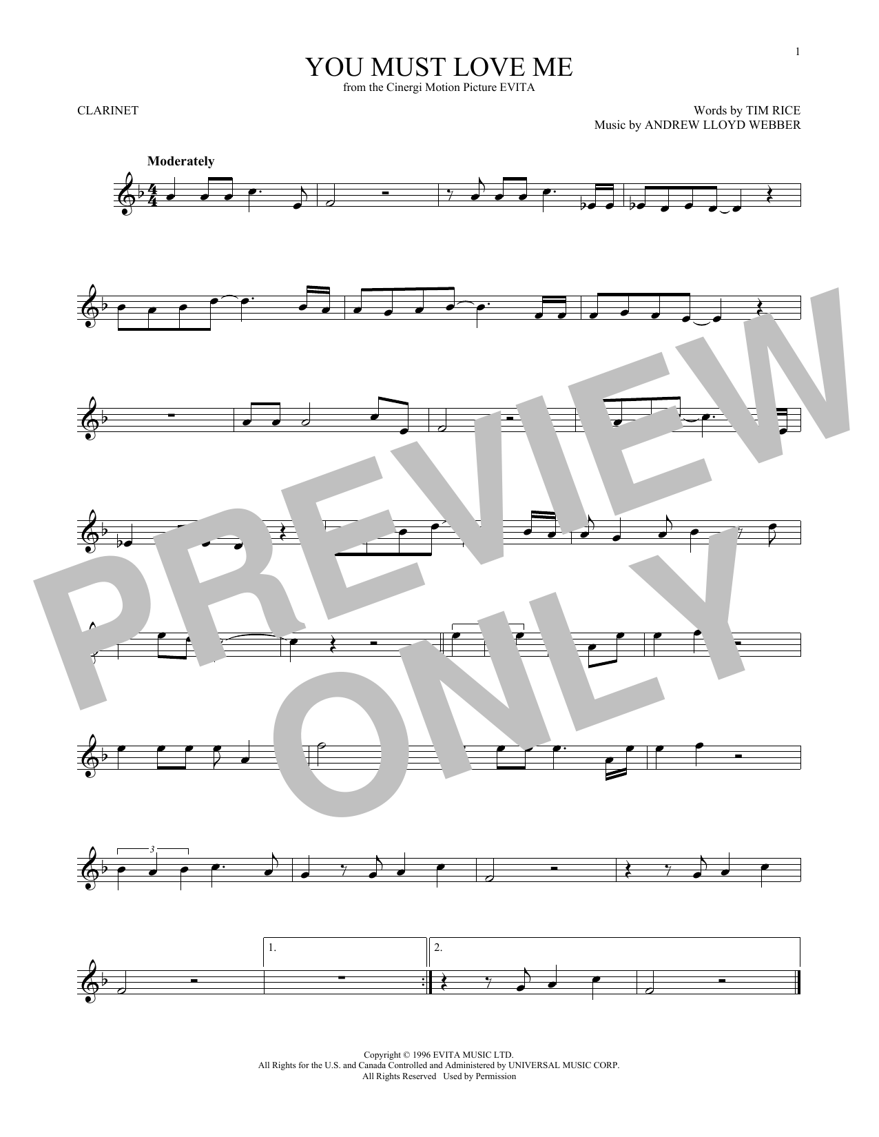 Andrew Lloyd Webber You Must Love Me sheet music notes and chords. Download Printable PDF.