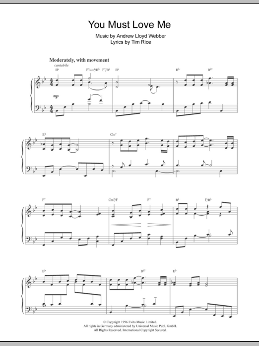 Madonna You Must Love Me (from Evita) sheet music notes and chords arranged for Piano Chords/Lyrics