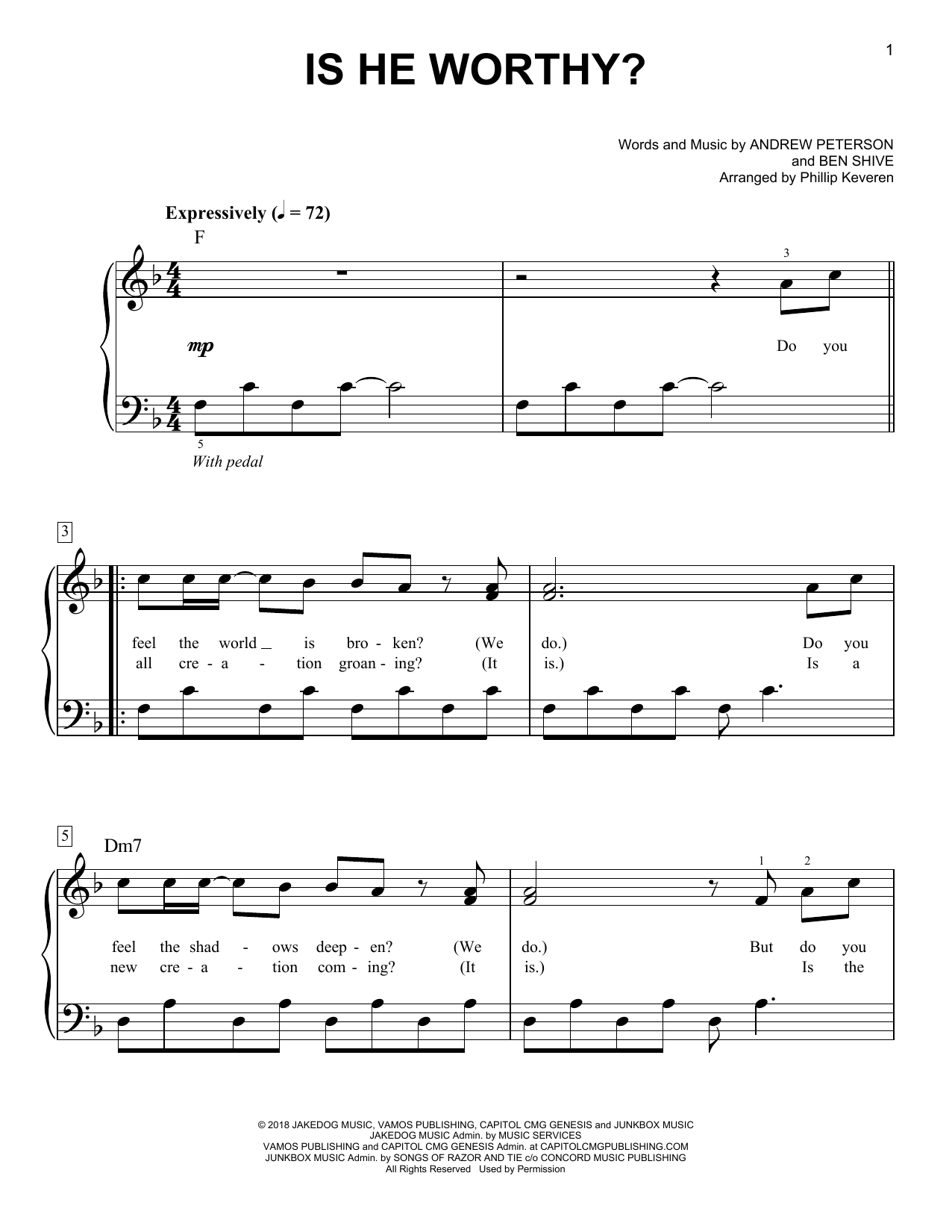 Andrew Peterson Is He Worthy? (arr. Phillip Keveren) sheet music notes and chords. Download Printable PDF.