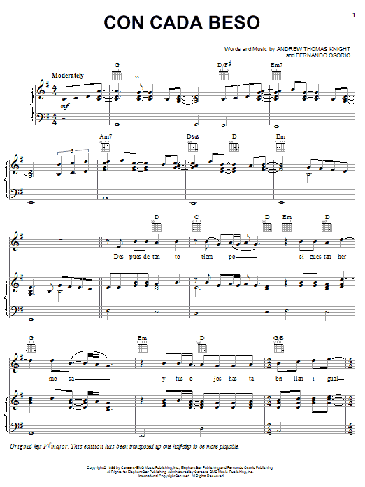 Learn to play Andrew Thomas Knight Con Cada Beso sheet music for Piano, Vocal & Guitar Chords (Right-Hand Melody) in minutes. Price: 7.8900$ Andrew Thomas Knight Con Cada Beso sheet music notes and chords arranged for Piano, Vocal & Guitar Chords (Right-Hand Melody)