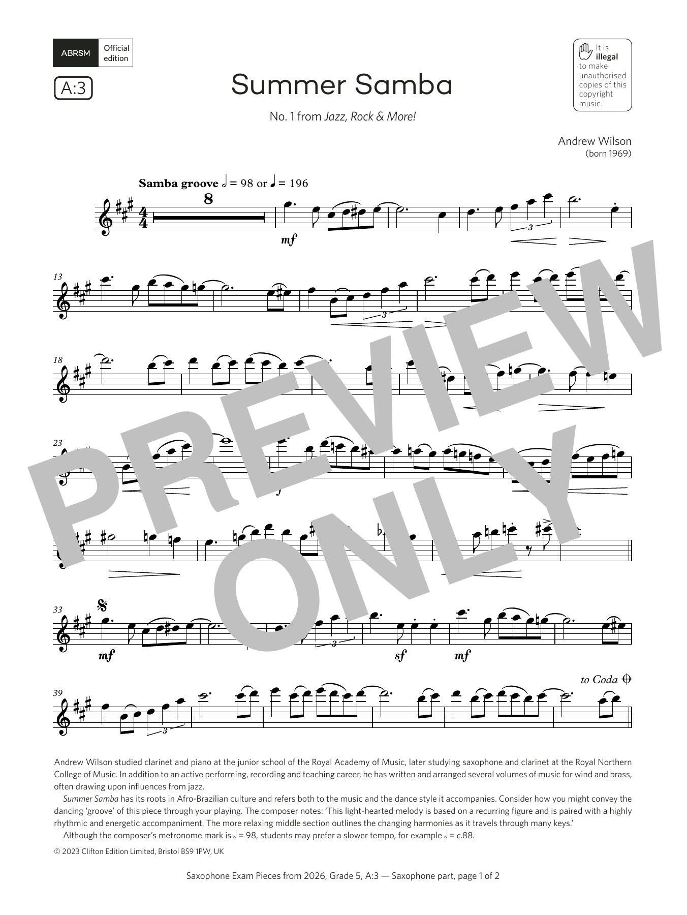 Learn to play Andrew Wilson Summer Samba (Grade 5, list A3, from the ABRSM Saxophone Syllabus from 2026) sheet music for Alto Sax Solo in minutes. Price: 5.9900$ Andrew Wilson Summer Samba (Grade 5, list A3, from the ABRSM Saxophone Syllabus from 2026) sheet music notes and chords arranged for Alto Sax Solo