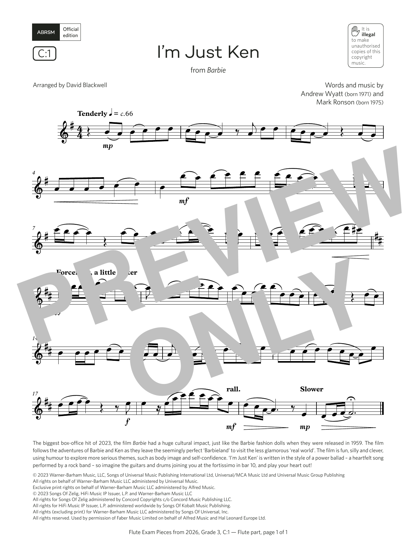 Learn to play Andrew Wyatt I'm Just Ken (Grade 3, list C1, from the ABRSM Flute Syllabus from 2026) sheet music for Flute Solo in minutes. Price: 5.9900$ Andrew Wyatt I'm Just Ken (Grade 3, list C1, from the ABRSM Flute Syllabus from 2026) sheet music notes and chords arranged for Flute Solo
