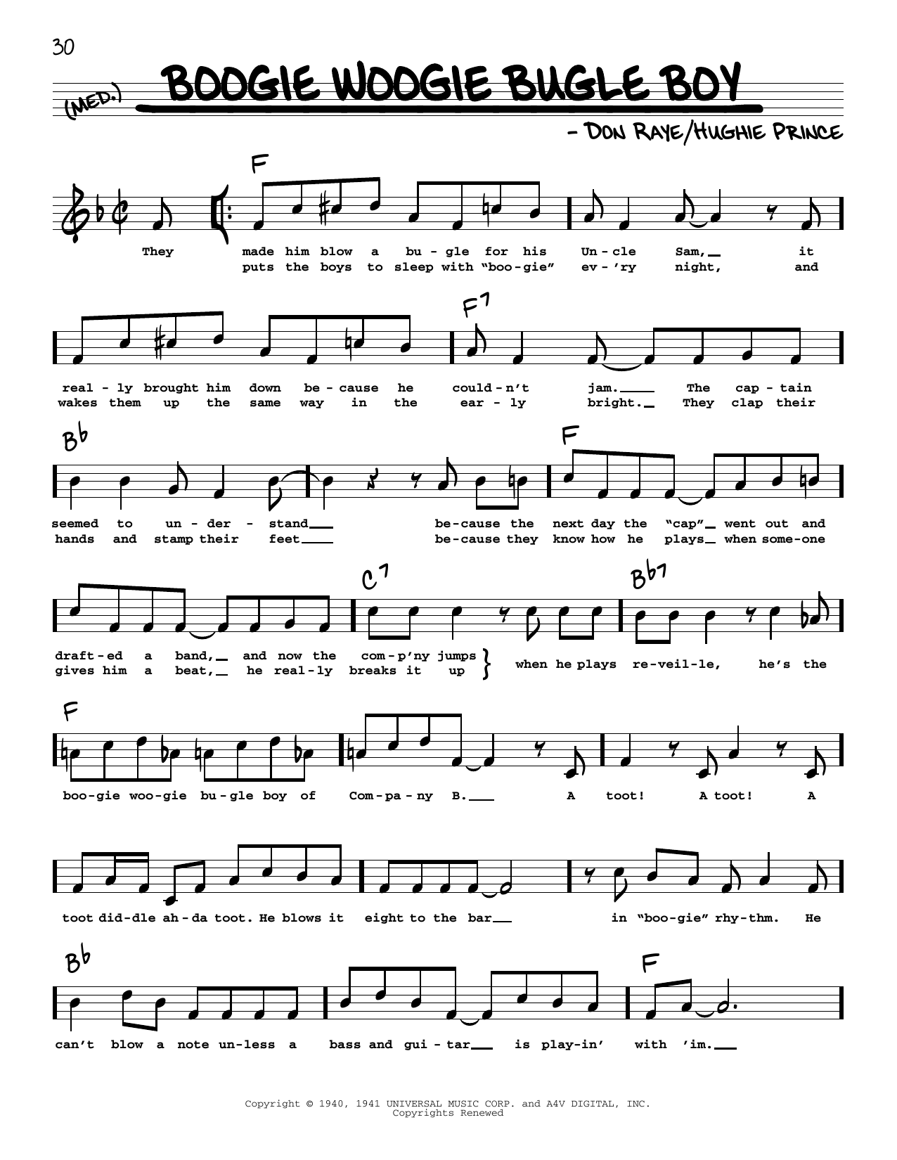 Andrews Sisters Boogie Woogie Bugle Boy (High Voice) (from Buck Privates) sheet music notes and chords. Download Printable PDF.