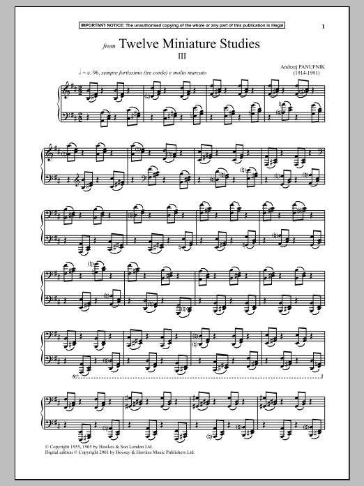 Learn to play Andrzej Panufnik Twelve Miniature Studies, III. sheet music for Piano Solo in minutes. Price: 7.8900$ Andrzej Panufnik Twelve Miniature Studies, III. sheet music notes and chords arranged for Piano Solo