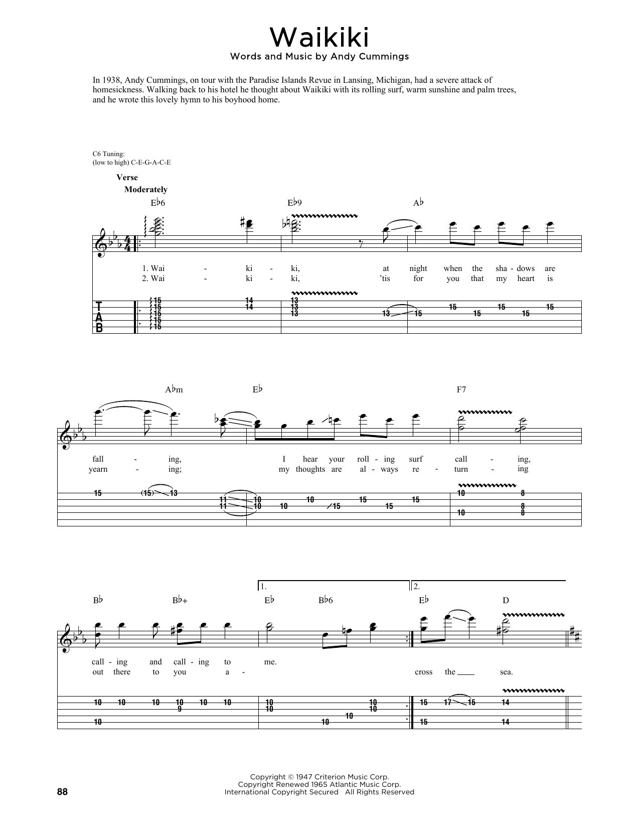 Learn to play Andy Cummings Waikiki (arr. Fred Sokolow) sheet music for Guitar Tab in minutes. Price: 7.8900$ Andy Cummings Waikiki (arr. Fred Sokolow) sheet music notes and chords arranged for Guitar Tab