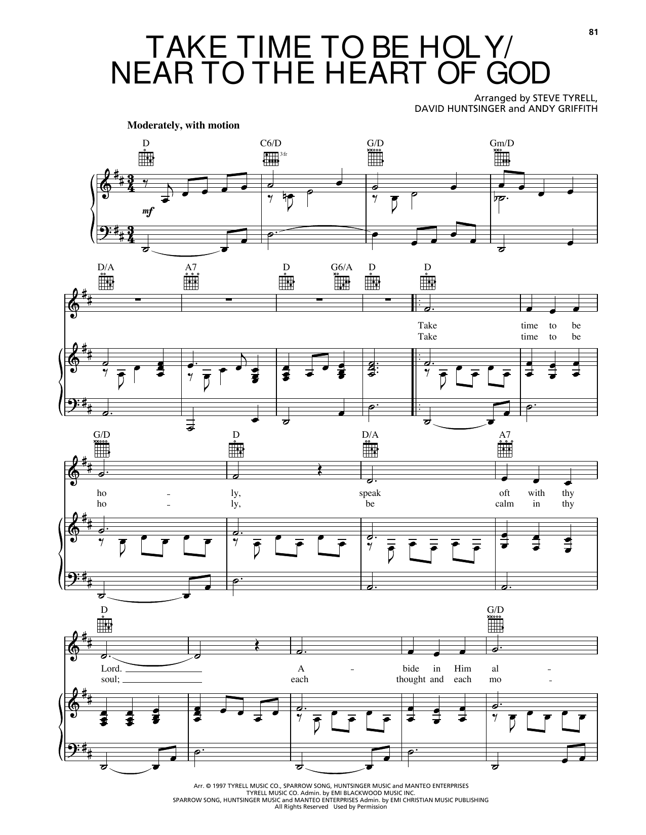 Andy Griffith Take Time To Be Holy/Near To The Heart Of God sheet music notes and chords arranged for Piano, Vocal & Guitar Chords (Right-Hand Melody)