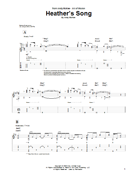Learn to play Andy McKee Heather's Song sheet music for Guitar Tab in minutes. Price: 7.8900$ Andy McKee Heather's Song sheet music notes and chords arranged for Guitar Tab