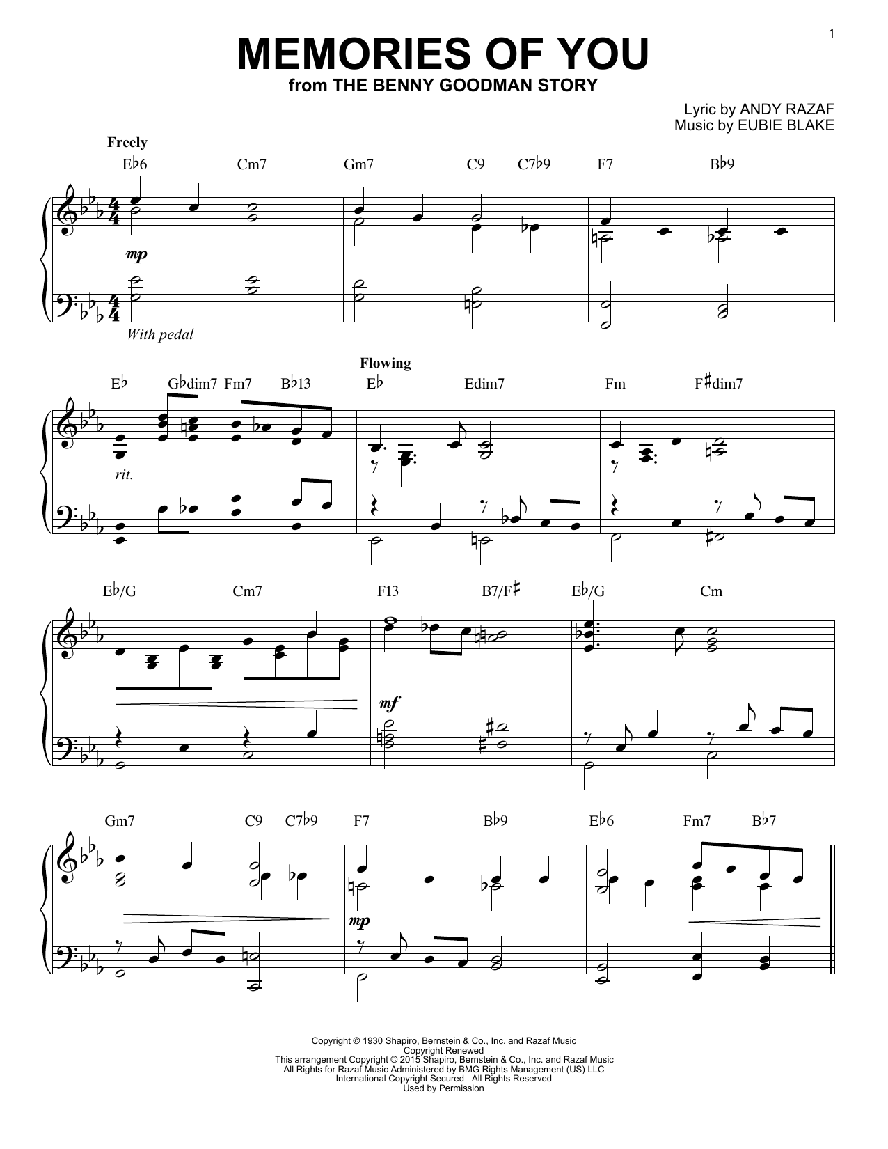 Andy Razaf Memories Of You [Stride version] (arr. Brent Edstrom) sheet music notes and chords. Download Printable PDF.