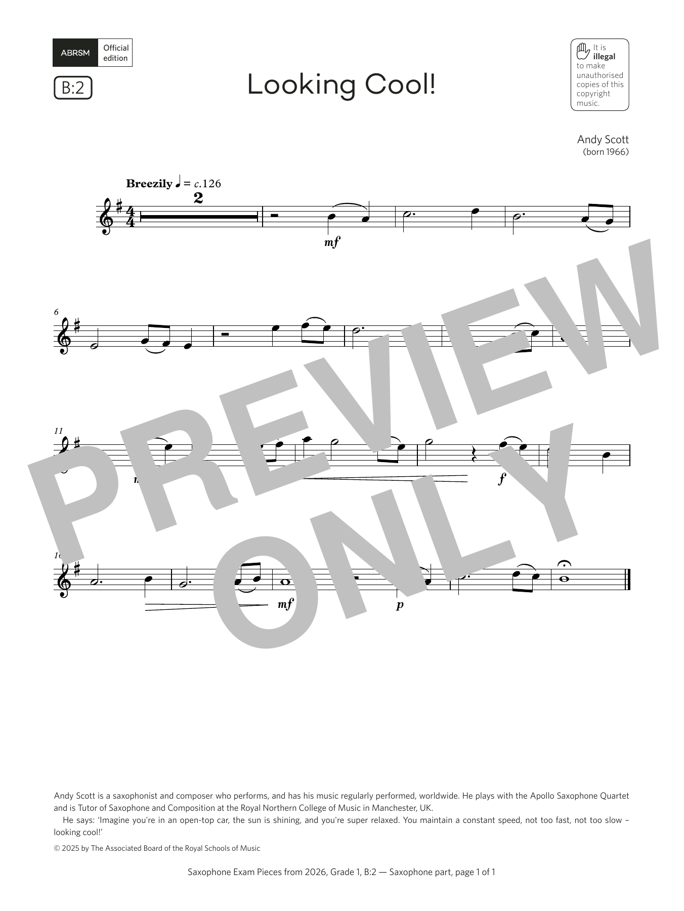 Learn to play Andy Scott Looking Cool! (Grade 1, list B2, from the ABRSM Saxophone Syllabus from 2026) sheet music for Alto Sax Solo in minutes. Price: 3.9900$ Andy Scott Looking Cool! (Grade 1, list B2, from the ABRSM Saxophone Syllabus from 2026) sheet music notes and chords arranged for Alto Sax Solo