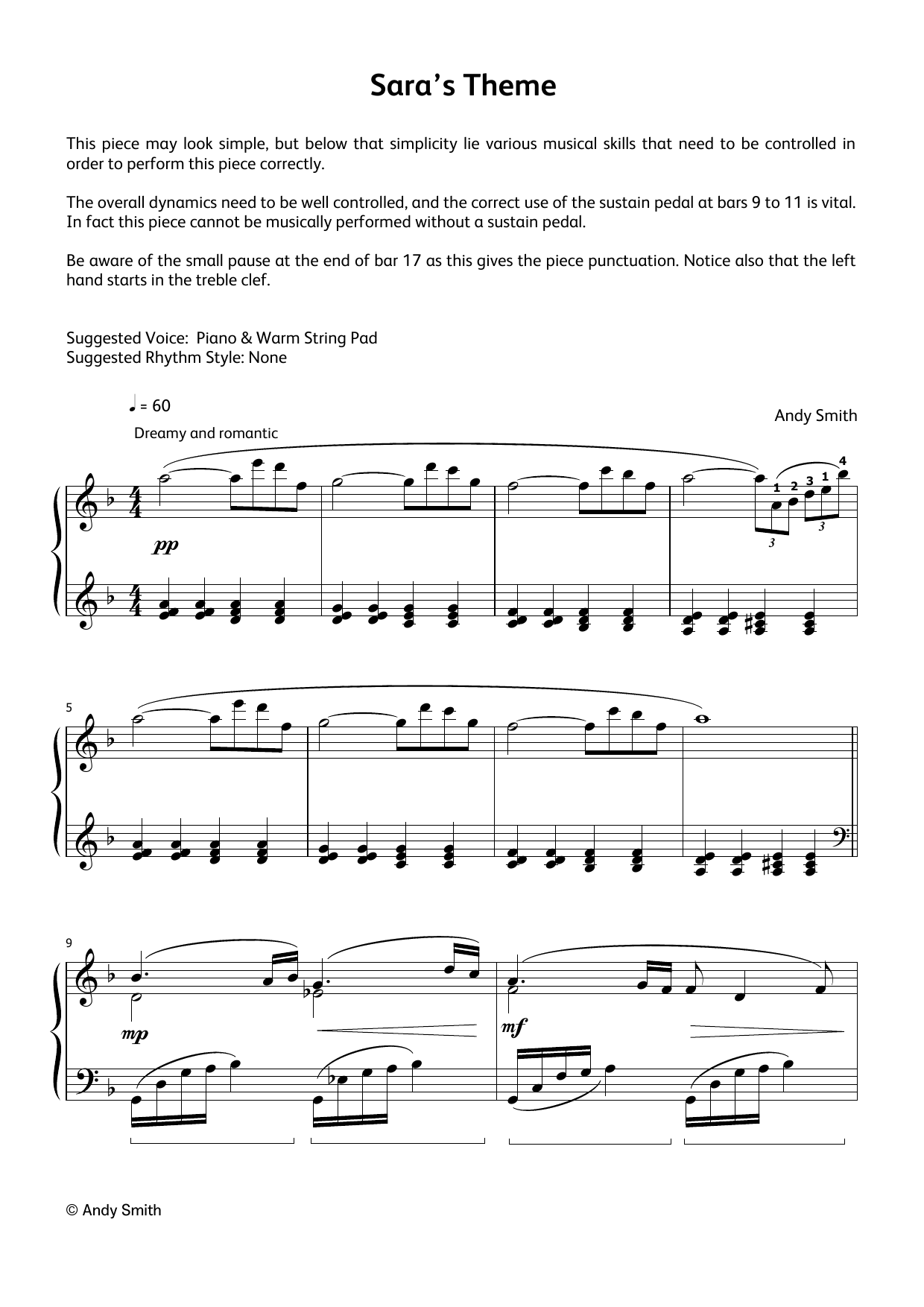 Andy Smith Sara's Theme (LCME Electronic Keyboard Grade 6 List B & C) sheet music notes and chords. Download Printable PDF.