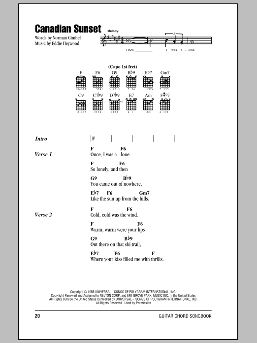 Andy Williams Canadian Sunset sheet music notes and chords. Download Printable PDF.