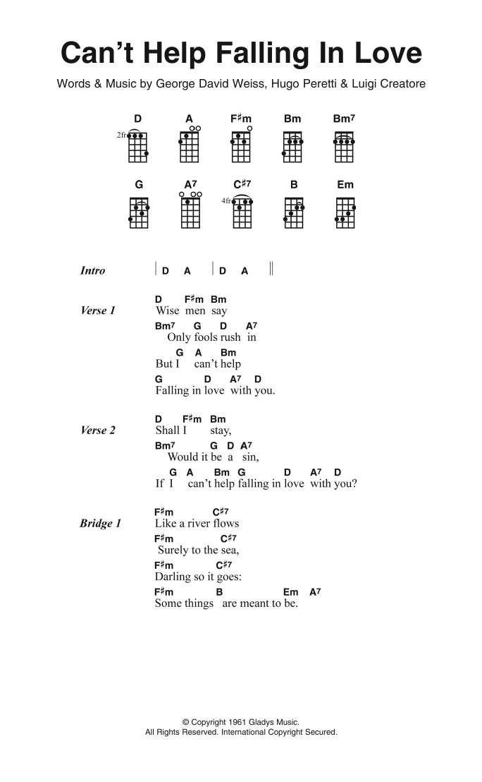 Learn to play Andy Williams Can't Help Falling In Love sheet music for Ukulele Chords/Lyrics in minutes. Price: 4.4900$ Andy Williams Can't Help Falling In Love sheet music notes and chords arranged for Ukulele Chords/Lyrics
