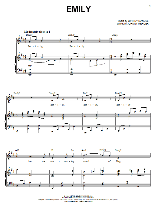 Andy Williams Emily sheet music notes and chords arranged for Piano, Vocal & Guitar Chords (Right-Hand Melody)