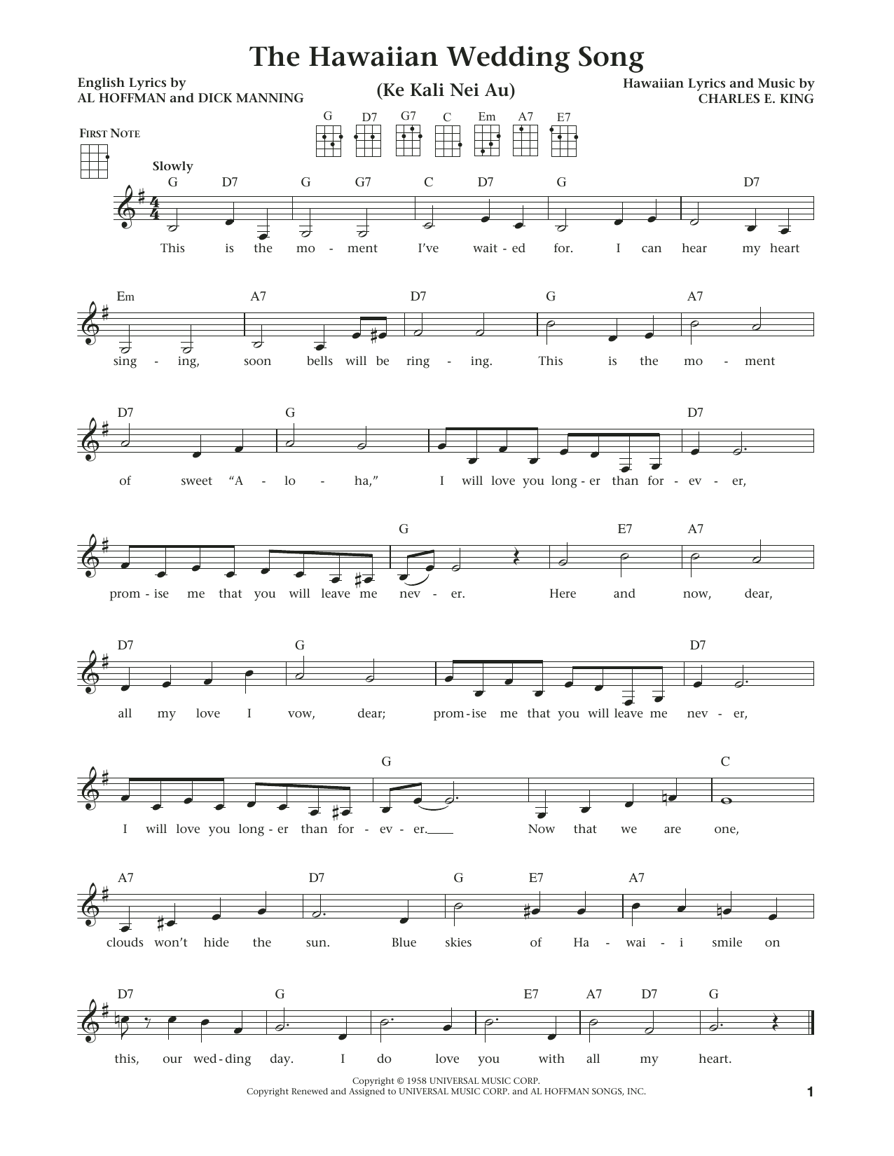 Learn to play Andy Williams The Hawaiian Wedding Song (Ke Kali Nei Au) (from The Daily Ukulele) (arr. Liz and Jim Beloff) sheet music for Ukulele in minutes. Price: 5.9900$ Andy Williams The Hawaiian Wedding Song (Ke Kali Nei Au) (from The Daily Ukulele) (arr. Liz and Jim Beloff) sheet music notes and chords arranged for Ukulele