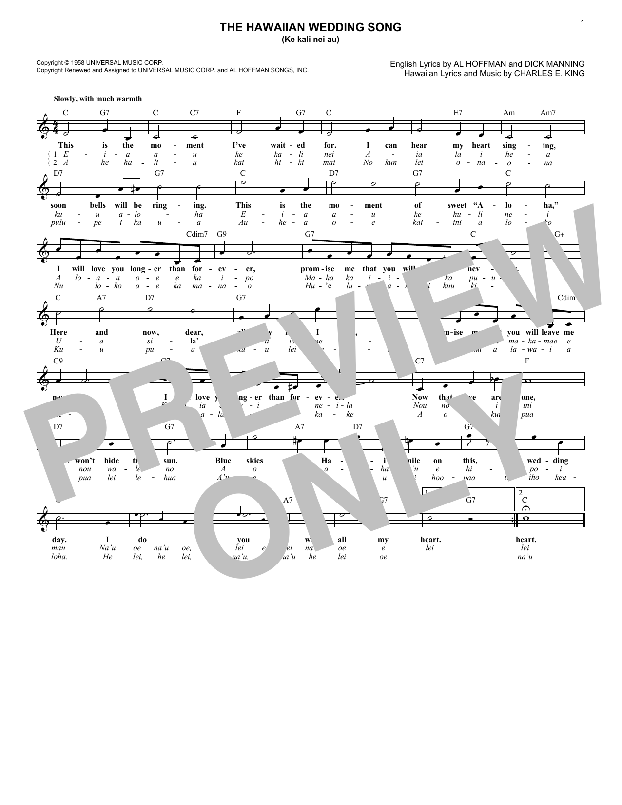 Andy Williams The Hawaiian Wedding Song (Ke Kali Nei Au) sheet music notes and chords. Download Printable PDF.