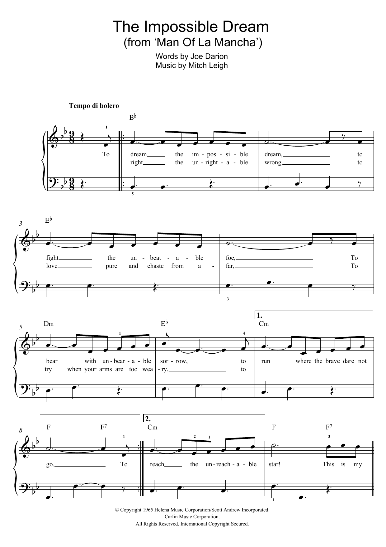 Andy Williams The Impossible Dream (from Man Of La Mancha) sheet music notes and chords. Download Printable PDF.