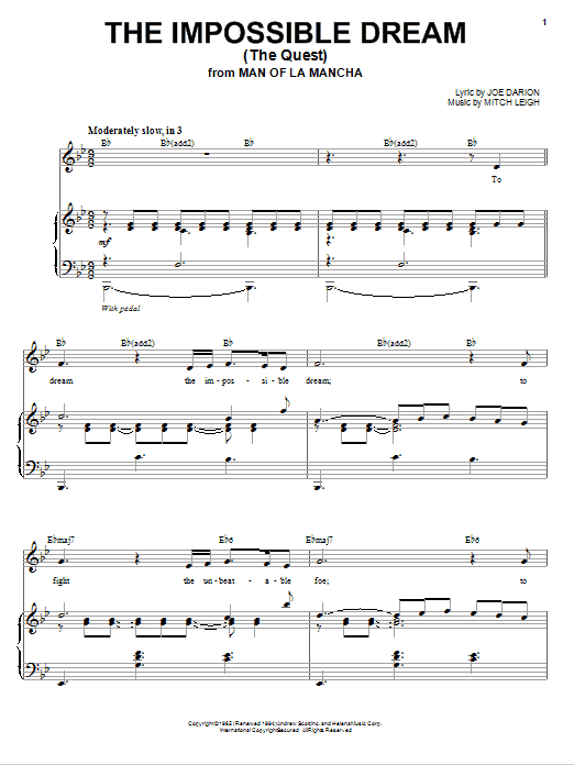 Learn to play Andy Williams The Impossible Dream (The Quest) sheet music for Piano & Vocal in minutes. Price: 7.8900$ Andy Williams The Impossible Dream (The Quest) sheet music notes and chords arranged for Piano & Vocal