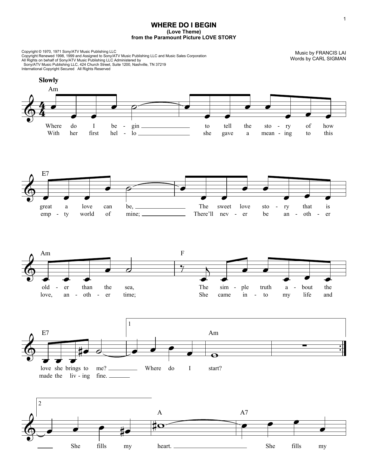 Andy Williams Where Do I Begin (Love Theme) (from Love Story) sheet music notes and chords arranged for Easy Lead Sheet / Fake Book