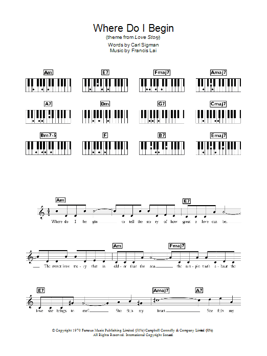 Andy Williams Where Do I Begin (theme from Love Story) sheet music notes and chords arranged for Piano Chords/Lyrics