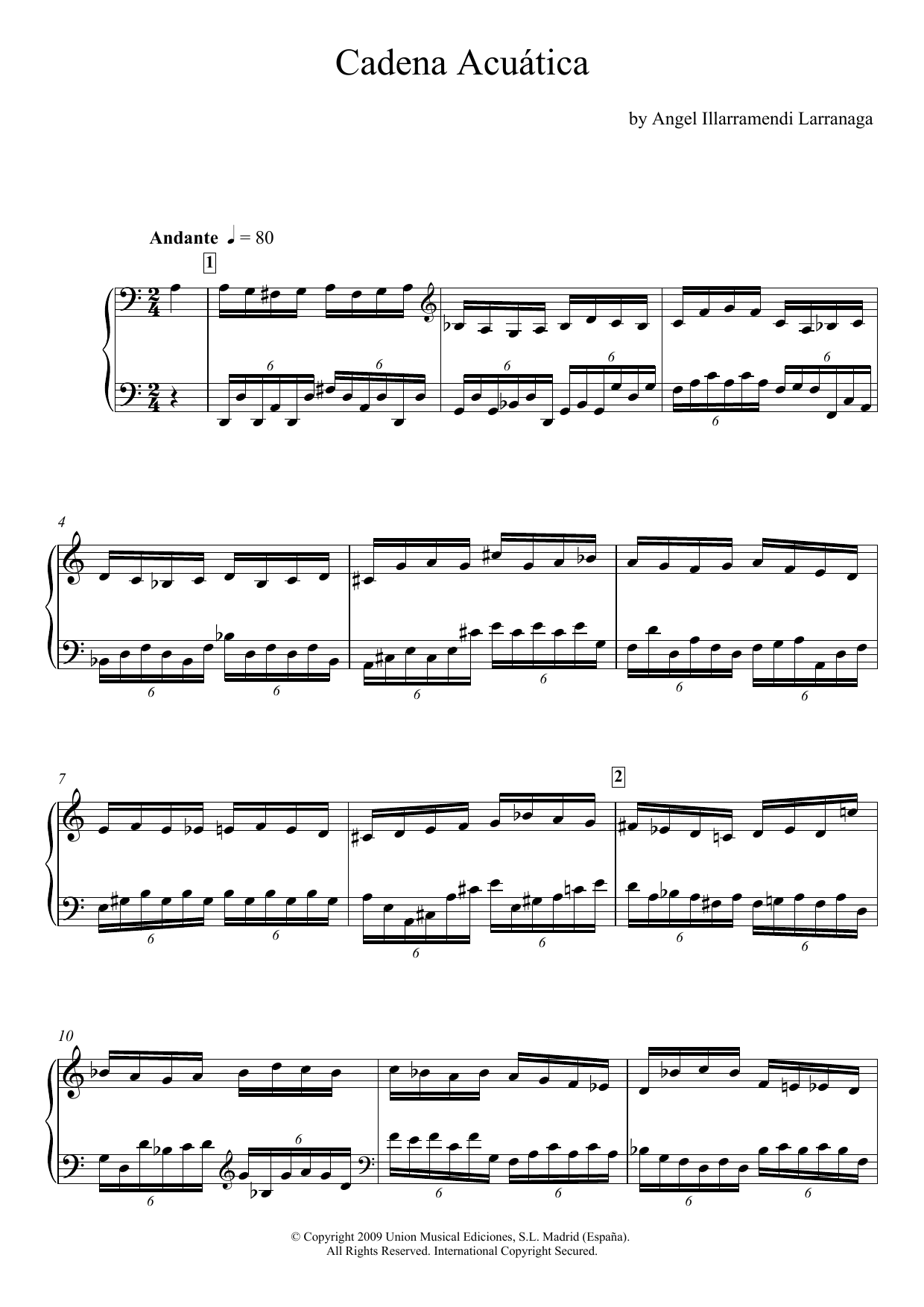 Learn to play Angel Illarramendi Larranaga Cadena Acuática sheet music for Piano Solo in minutes. Price: 7.8900$ Angel Illarramendi Larranaga Cadena Acuática sheet music notes and chords arranged for Piano Solo
