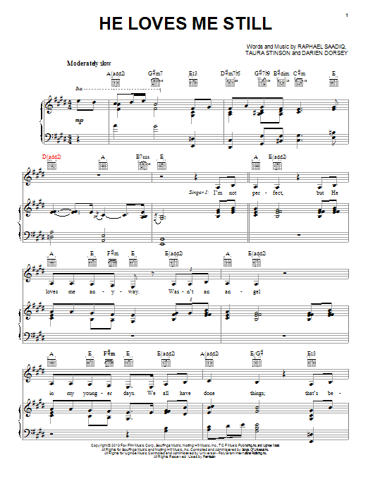 Learn to play Angela Bassett and Jennifer Hudson He Loves Me Still sheet music for Piano, Vocal & Guitar Chords (Right-Hand Melody) in minutes. Price: 7.8900$ Angela Bassett and Jennifer Hudson He Loves Me Still sheet music notes and chords arranged for Piano, Vocal & Guitar Chords (Right-Hand Melody)