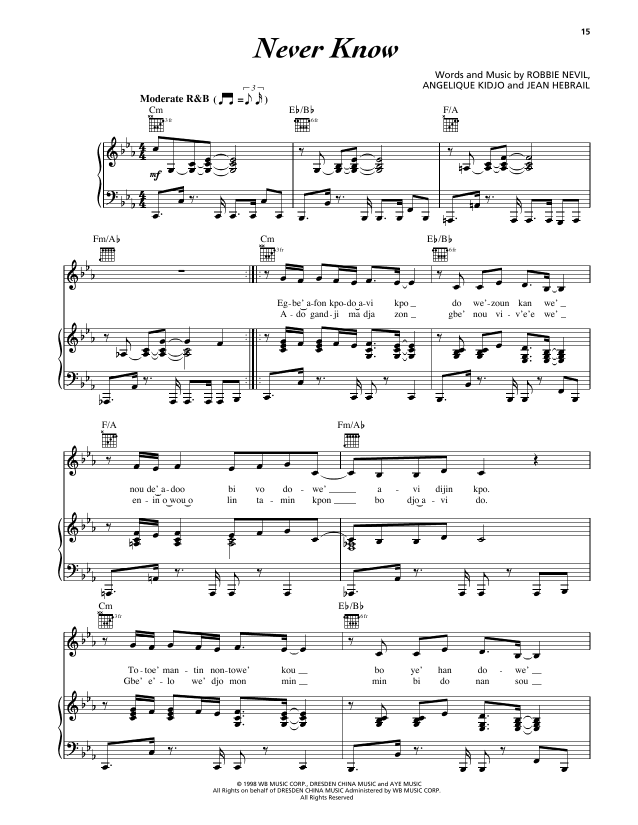 Angelique Kidjo Never Know sheet music notes and chords arranged for Piano, Vocal & Guitar Chords (Right-Hand Melody)