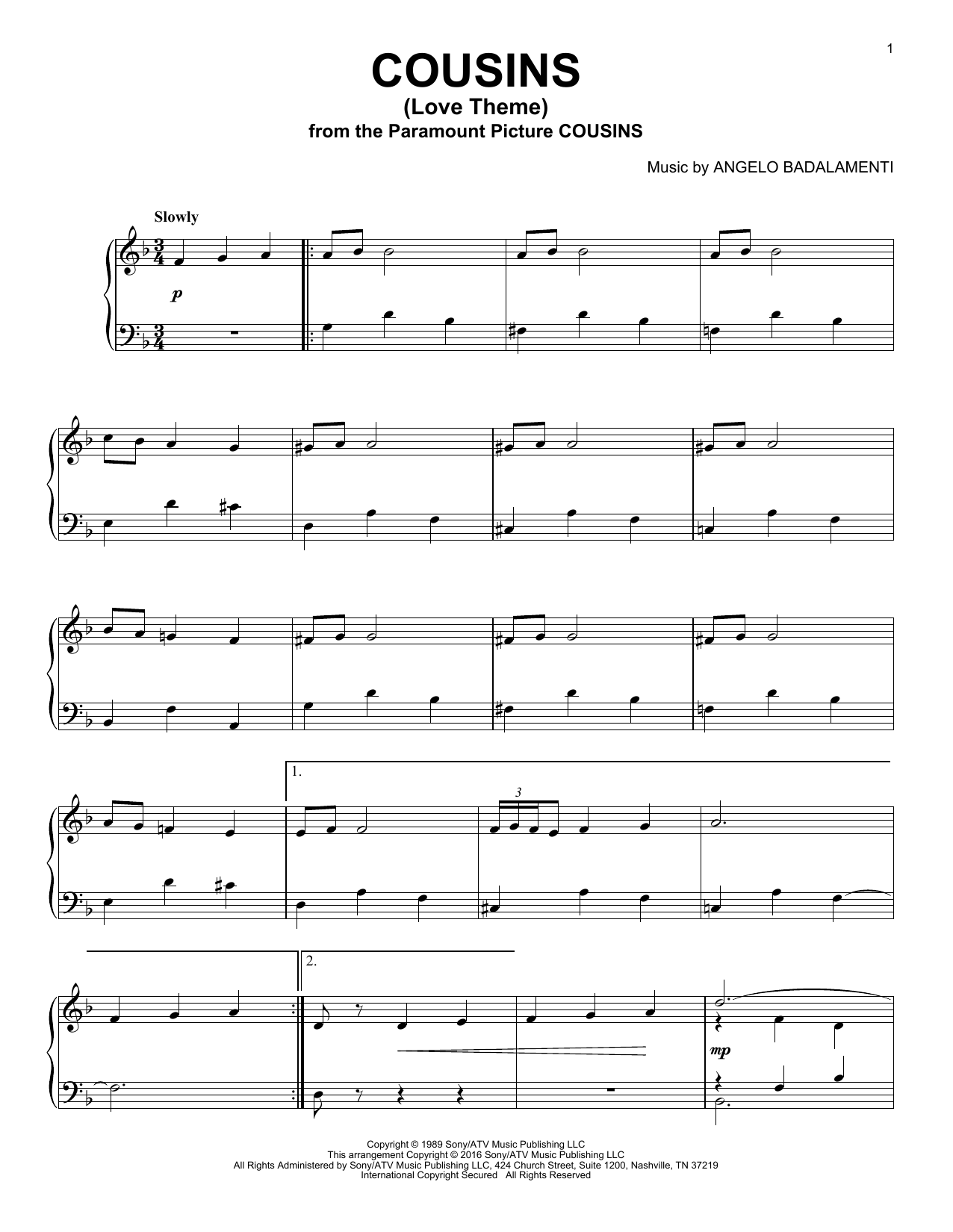 Angelo Badalamenti Cousins (Love Theme) sheet music notes and chords arranged for Piano Solo